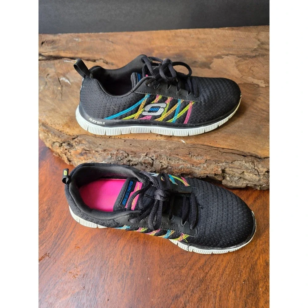 Skechers Athletic Flex Sole Sneakers Womens 7.5 Black Multi Lightweight 11885